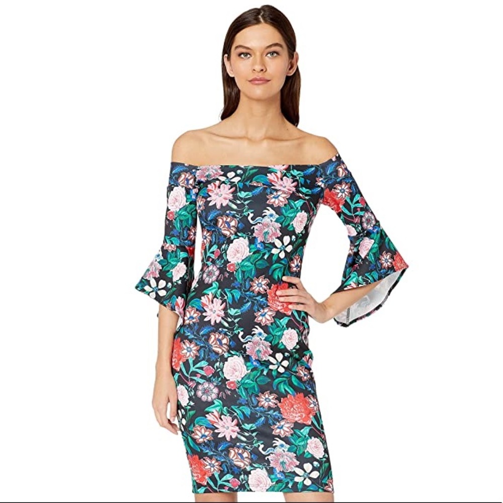 Bebe | NWT off shoulder bell sleeve floral dress